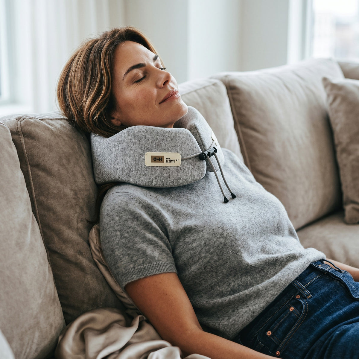 Femme se reposant avec un coussin de voyage en mousse à mémoire de forme Le Voyage Prestige gris sur un canapé