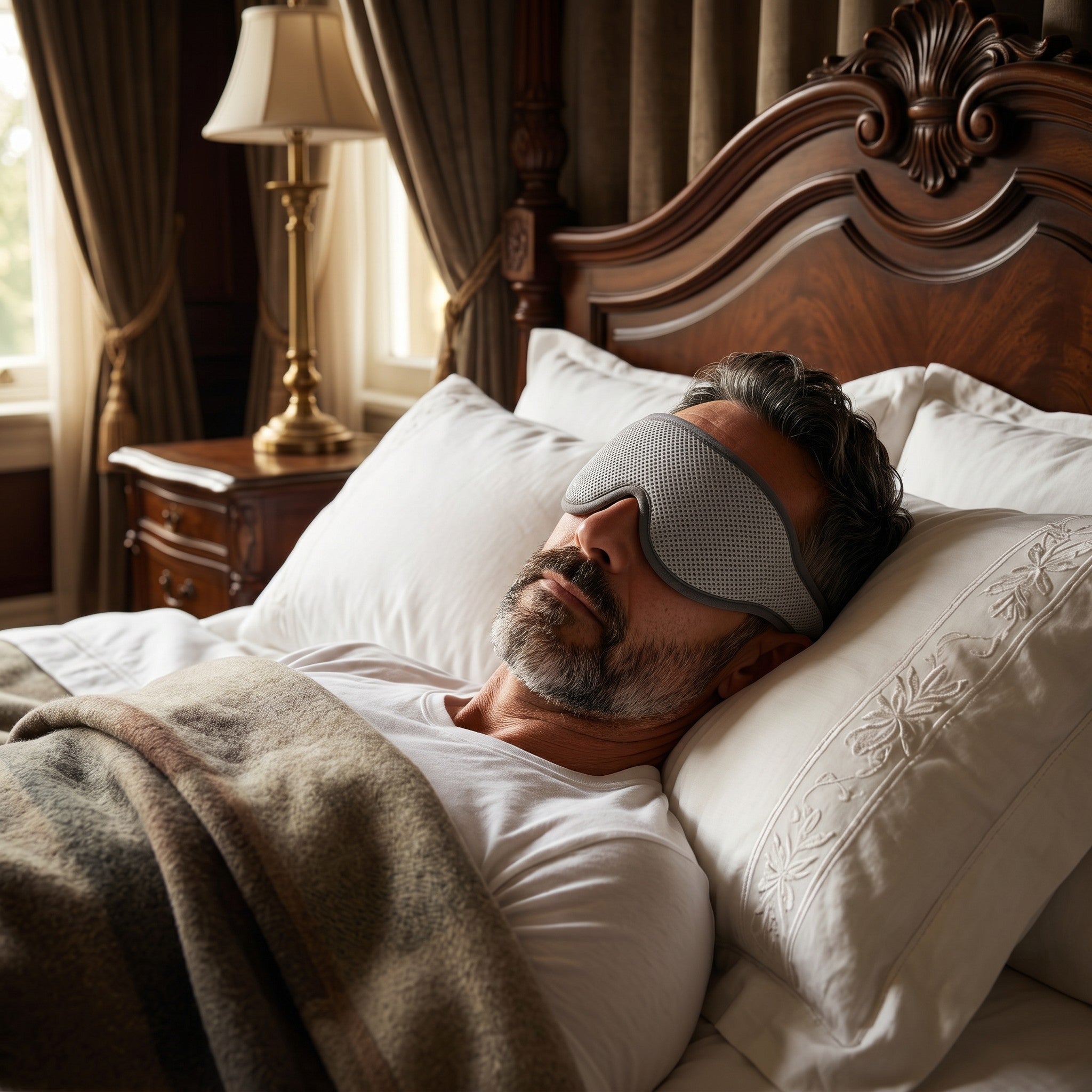 Homme dormant confortablement dans un lit avec un masque de sommeil 3D gris Le Voyage Prestige occultant Image