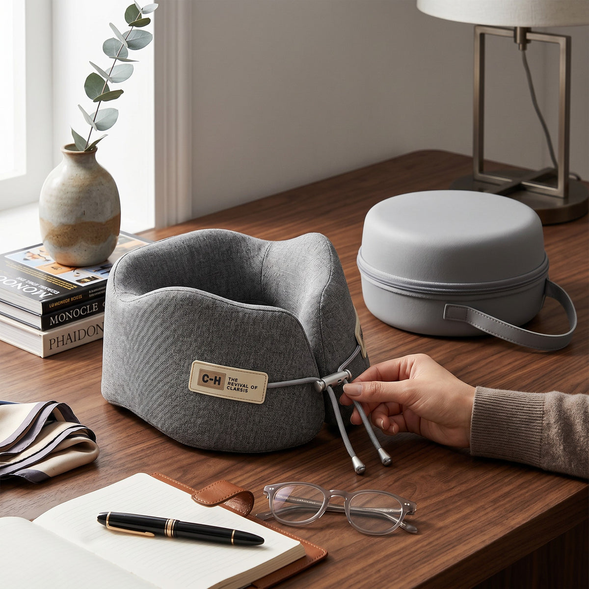 Oreiller de voyage en mousse à mémoire de forme Le Voyage Prestige, gris, ergonomique avec cordon de serrage réglable