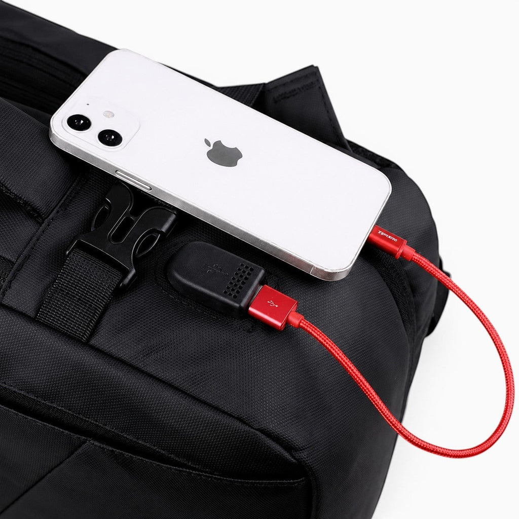 Sac à dos de voyage cabine SWISS MILITARY noir, avec port USB externe et câble rouge, idéal pour ordinateur portable 16 pouces.