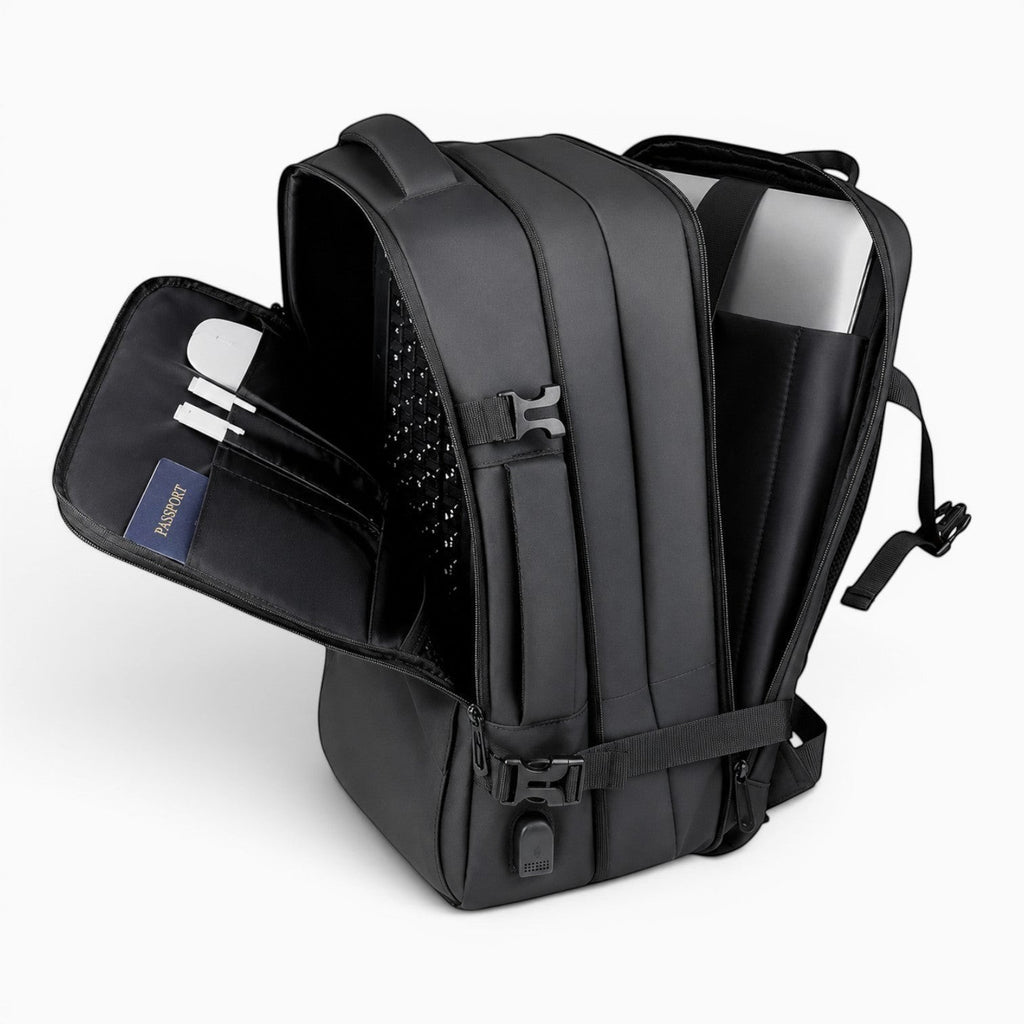 Sac à dos de voyage cabine SWISS MILITARY noir en PU, compartiment ordinateur 16 pouces, plusieurs poches, interface USB.