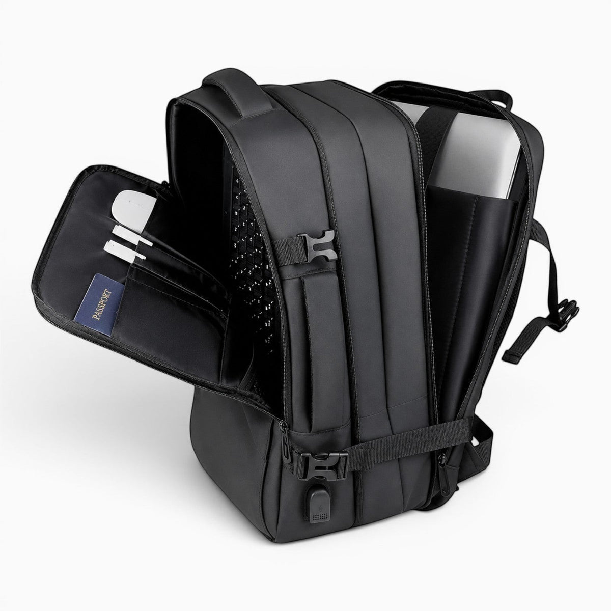 Sac à dos de voyage cabine SWISS MILITARY noir en PU, compartiment ordinateur 16 pouces, plusieurs poches, interface USB.