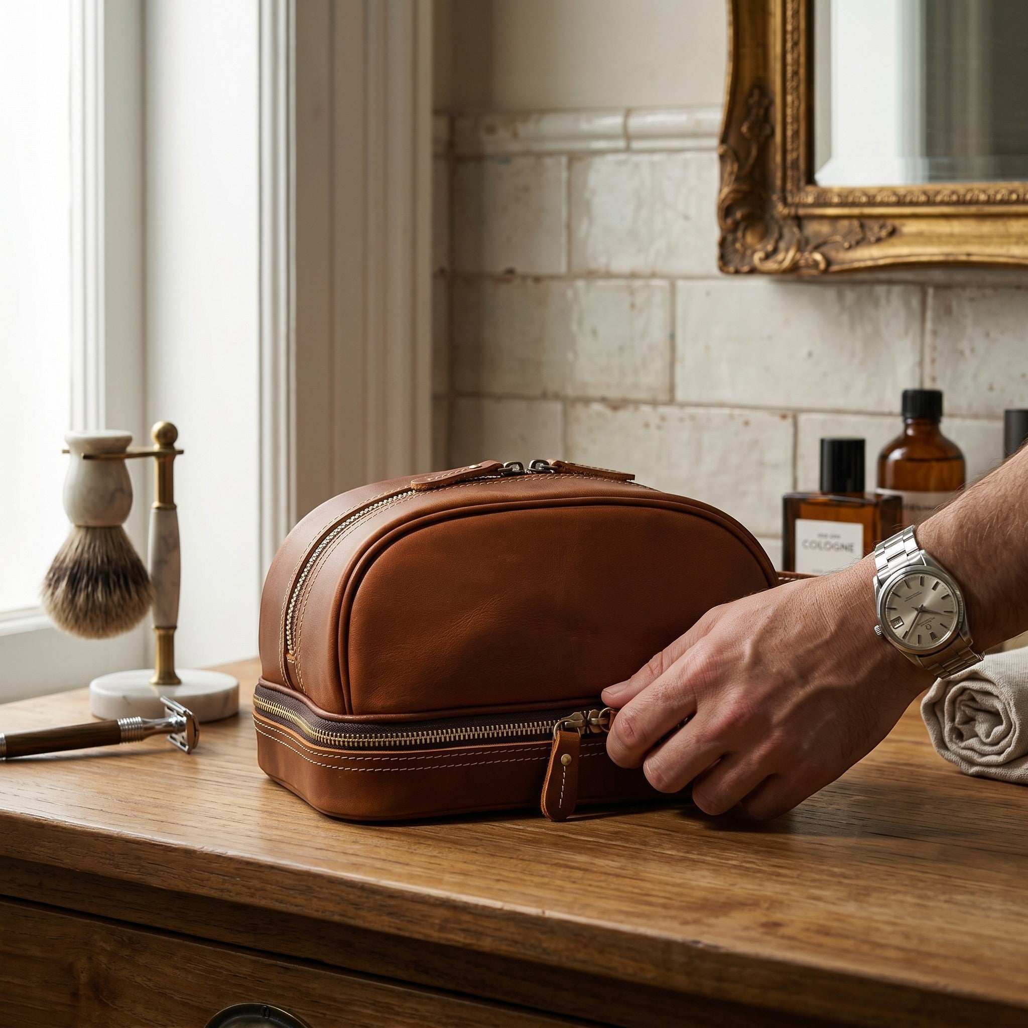 Le Voyage Prestige trousse de toilette en cuir marron clair, avec fermeture éclair, idéale pour le voyage et le maquillage. Image